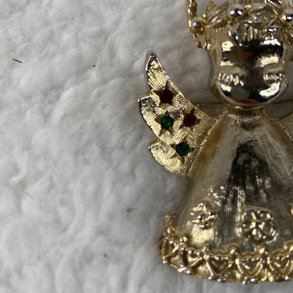 Vintage‎ Christmas Angel Brooch 2" Pin Gold Tone Red Green Rhinestones - Picture 4 of 10